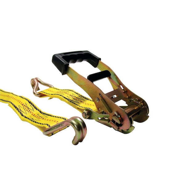 27' X 2" Ratchet, Yellow Webbing, Large Bar Handle, Double J Hooks, Cut Case 4.88" x4.38" x9.75"